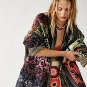 FREE PEOPLE Golden Hour Cardi Jacket Hood Knit Piecing Black Green Gray S EUC